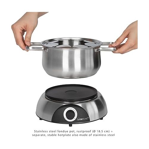  Clatronic FD 3783 Electric Fondue Pot with Removable Splash Guard, Fondue Set for 8 People with Stainless Steel Fondue Forks, Colour Coded, Capacity Max. 1.2 Litres/1400 Watt, Stainless Steel