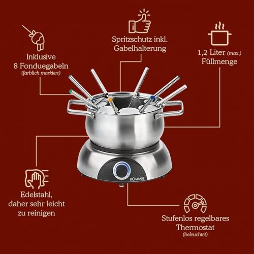  Bomann FD 2248 CB Electric Fondue Pot with Removable Splash Guard, Fondue Set for 8 People with Stainless Steel Fondue Forks, Colour Coded, Maximum Capacity 1.2 Litres/1400 Watt, Stainless Steel