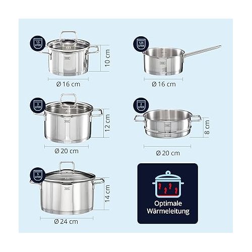  KHG 5-Piece Stainless Steel Saucepan Set with Steamer Insert for Steam Cooking, Induction Cooking Pot 16 cm, 20 cm, 24 cm, Glass Lid with Sealing Ring and Sieve, Casserole Inner Scale