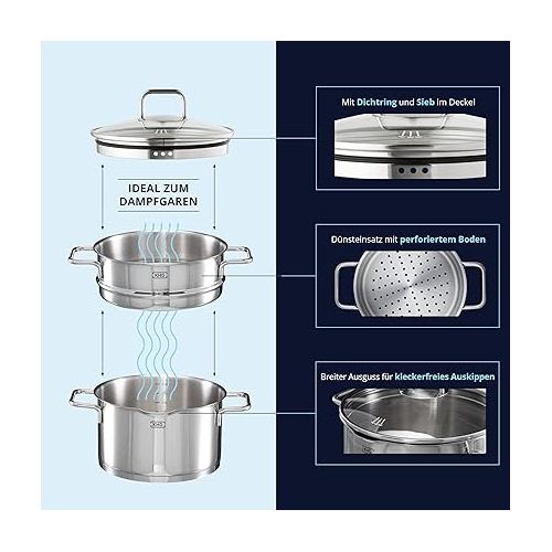  KHG 5-Piece Stainless Steel Saucepan Set with Steamer Insert for Steam Cooking, Induction Cooking Pot 16 cm, 20 cm, 24 cm, Glass Lid with Sealing Ring and Sieve, Casserole Inner Scale