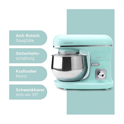  Clatronic Rock'n'Retro KM 3711 Kneading Machine with Transparent Splash Guard Lid with Refill Opening and Pivoting Multifunctional Arm 1100 Watt 5 Litre, Mint-green