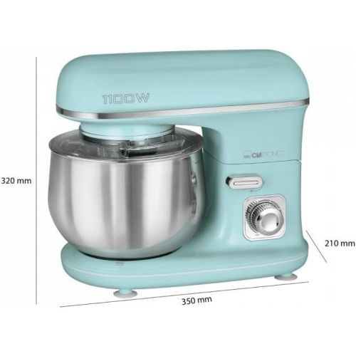  Clatronic Rock'n'Retro KM 3711 Kneading Machine with Transparent Splash Guard Lid with Refill Opening and Pivoting Multifunctional Arm 1100 Watt 5 Litre, Mint-green