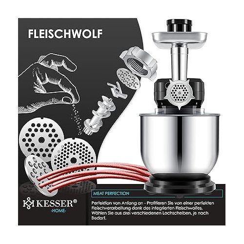  KESSER® 3-in-1 Universal Food Processor K-KM 3000 with Meat Grinder Kneading Machine Multifunctional Mixing Machine 5.5 L Bowl with 3 Mixing Tools, 1.5 L Juicer, Sausage Set, Pasta & Cookie Moulds,