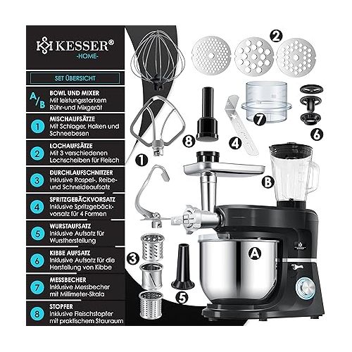  KESSER® 3-in-1 Universal Food Processor K-KM 3000 with Meat Grinder Kneading Machine Multifunctional Mixing Machine 5.5 L Bowl with 3 Mixing Tools, 1.5 L Juicer, Sausage Set, Pasta & Cookie Moulds,