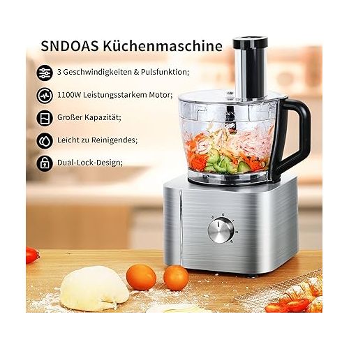  Sndoas Multifunctional Food Processor, 1100 W Food Processor Compact Food Processor 11 in 1 Include Food Processor Chopper, 3.2 L Mixing Bowl & 1.5 L Mixer Cup, Grinder, Whisk, Silver