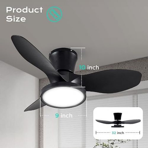  ocioc Quiet Ceiling Fan with LED Light, DC Motor, 32 Inch Large Air Volume, Remote Control, Black for Kitchen, Bedroom, Dining Room, Patio