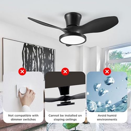  ocioc Quiet Ceiling Fan with LED Light, DC Motor, 32 Inch Large Air Volume, Remote Control, Black for Kitchen, Bedroom, Dining Room, Patio