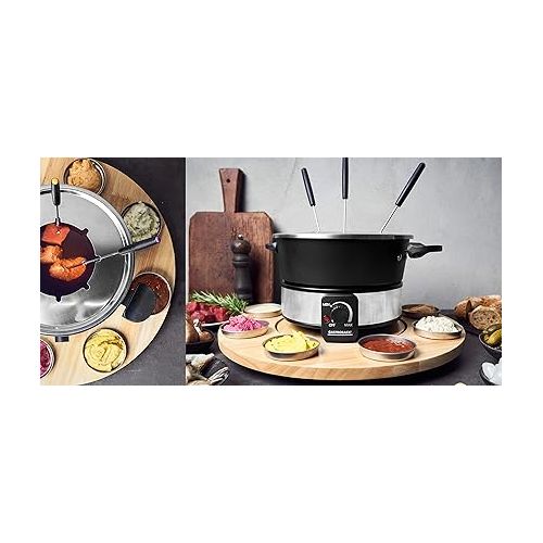  Gastroback 42566 Fondue Set, Practical Turntable with 8 Stainless Steel Sauce Containers, Continuously Adjustable from 40 °C to 190 °C, 1,000 Watt, 1000, Non-Stick Coated Pot, Black, Silver