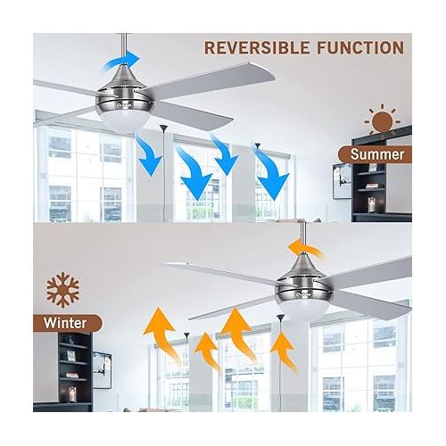  Ovlaim 122 cm Modern Ceiling Fan with LED Lighting (3 Colours) and Remote Control (6 Speeds), Energy-Saving DC Motor Super Quiet, Suitable for Summer and Winter (Ventilation Effect) - Silver