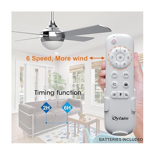  Ovlaim 122 cm Modern Ceiling Fan with LED Lighting (3 Colours) and Remote Control (6 Speeds), Energy-Saving DC Motor Super Quiet, Suitable for Summer and Winter (Ventilation Effect) - Silver