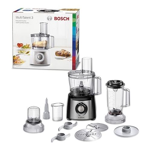  Bosch MultiTalent 3 MCM3501M Compact Food Processor, 50 Functions, Mixing Bowl 2.3 L, Mixer 1.0 L, Utility Knife, Cutting and Rasping (Fine, Coarse), Chopper, Impact Disc, 800 W, Black.