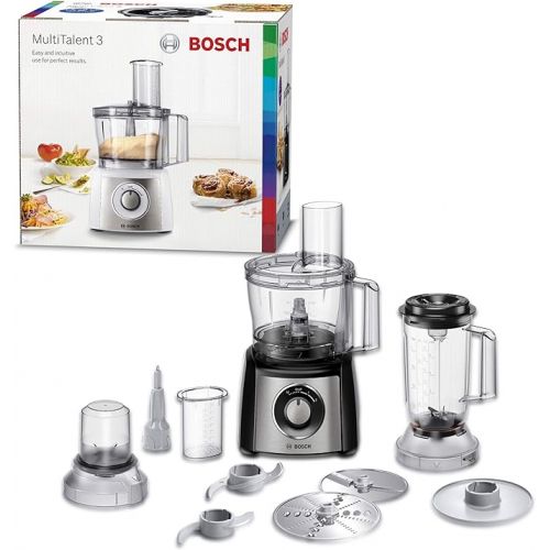 Bosch MultiTalent 3 MCM3501M Compact Food Processor, 50 Functions, Mixing Bowl 2.3 L, Mixer 1.0 L, Utility Knife, Cutting and Rasping (Fine, Coarse), Chopper, Impact Disc, 800 W, Black.