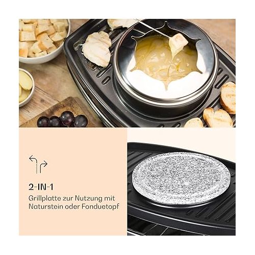  Klarstein Entrecote 2-in-1 Raclette Grill & Fondue, 1100 W, 2-in-1 Grill: Metal & Natural Stone Plate, Stainless Steel Heating Element for 8 People
