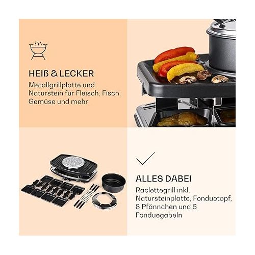  Klarstein Entrecote 2-in-1 Raclette Grill & Fondue, 1100 W, 2-in-1 Grill: Metal & Natural Stone Plate, Stainless Steel Heating Element for 8 People