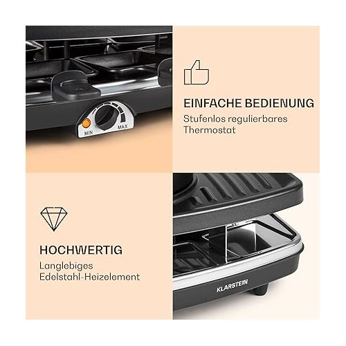  Klarstein Entrecote 2-in-1 Raclette Grill & Fondue, 1100 W, 2-in-1 Grill: Metal & Natural Stone Plate, Stainless Steel Heating Element for 8 People