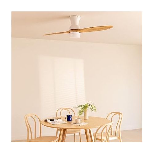  CREATE Windprop Ceiling Fan White Natural Wood Wings with Lighting and Remote Control / 40 W, Quiet, Diameter 132 cm, Programmable from 1h to 4h, 6 Speeds, DC Motor, Summer Winter Operation