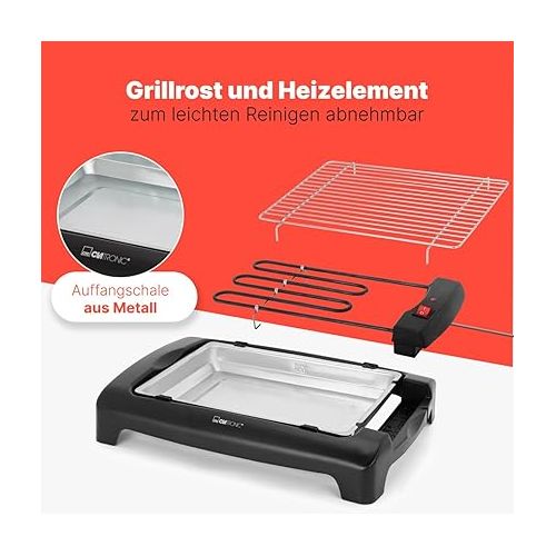  Clatronic® Barbecue-Tischgrill | ideal fur Balkon & Kuche | Tischgrill elektrisch | Elektrogrill mit Cool Touch-Gehause | abnehmbares Grillrost | Grill mit Metallauffangschale | 2000 W | BQ 2977 N