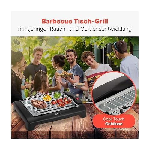  Clatronic® Barbecue-Tischgrill | ideal fur Balkon & Kuche | Tischgrill elektrisch | Elektrogrill mit Cool Touch-Gehause | abnehmbares Grillrost | Grill mit Metallauffangschale | 2000 W | BQ 2977 N