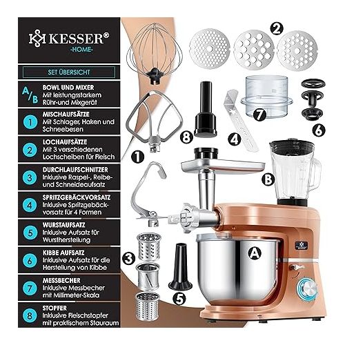  KESSER® 3 in 1 Universal Food Processor K-KM 3000 with Meat Grinder Kneading Machine Multifunctional Mixing Machine 5.5 L Bowl with 3 Mixing Tools, 1.5 L Juicer, Sausage Set, Pasta & Cookie Moulds