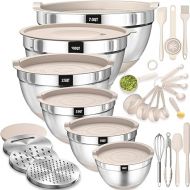 Terlulu Mixing Bowls Set of 6, Stainless Steel Salad Bowl with Airtight Lid and Silicone Base, 3 Grater Attachments, Bowl Set for Baking/Serving, 6.6 L/3.8 L/2.4 L/1.9 L/1.4 L/0.6 L - Khaki