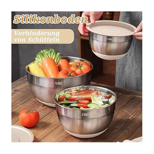  Terlulu Mixing Bowls Set of 6, Stainless Steel Salad Bowl with Airtight Lid and Silicone Base, 3 Grater Attachments, Bowl Set for Baking/Serving, 6.6 L/3.8 L/2.4 L/1.9 L/1.4 L/0.6 L - Khaki