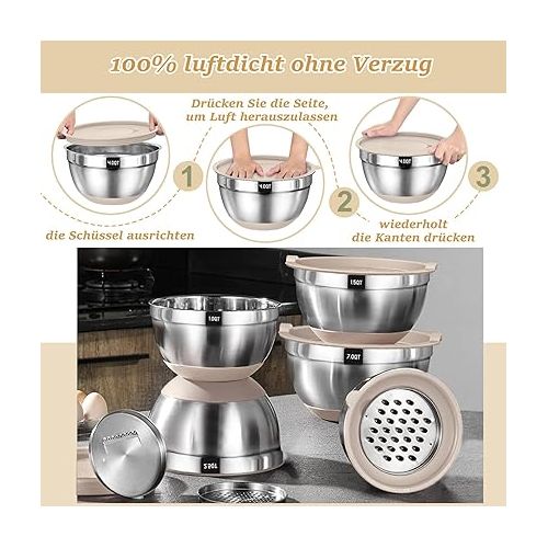  Terlulu Mixing Bowls Set of 6, Stainless Steel Salad Bowl with Airtight Lid and Silicone Base, 3 Grater Attachments, Bowl Set for Baking/Serving, 6.6 L/3.8 L/2.4 L/1.9 L/1.4 L/0.6 L - Khaki