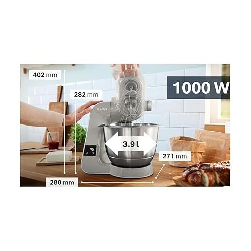  Bosch Food Processor Series 4 MUM5XL72, Integrated Scale, 2 x Bowls 3.9 L, Mixer 1.25 L, Mixing Set, Continuous Shredder, Planetary Mixing Gear, Meat Grinder, Cube Cutter, 1000 W, Grey/Silver