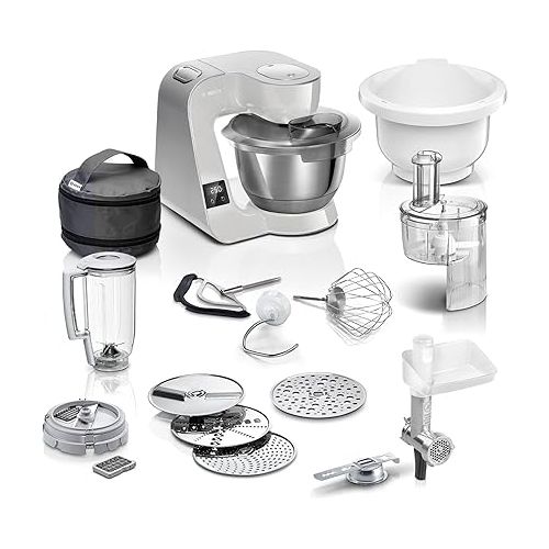  Bosch Food Processor Series 4 MUM5XL72, Integrated Scale, 2 x Bowls 3.9 L, Mixer 1.25 L, Mixing Set, Continuous Shredder, Planetary Mixing Gear, Meat Grinder, Cube Cutter, 1000 W, Grey/Silver