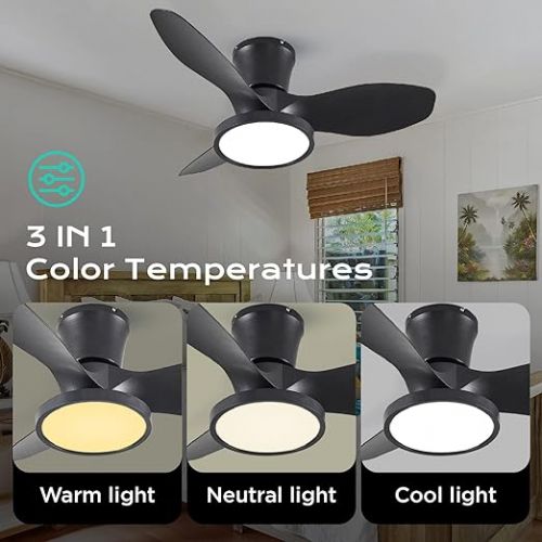  ocioc Quiet Ceiling Fan with LED Light, DC Motor, 32 Inch Large Air Volume, Remote Control, Black for Kitchen, Bedroom, Dining Room, Patio