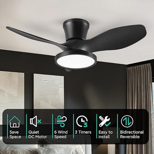  ocioc Quiet Ceiling Fan with LED Light, DC Motor, 32 Inch Large Air Volume, Remote Control, Black for Kitchen, Bedroom, Dining Room, Patio