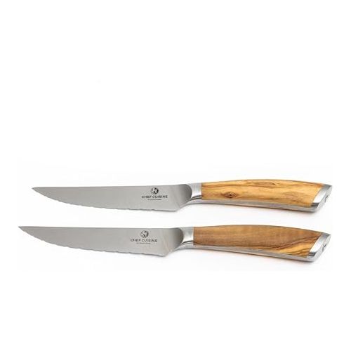  CHEF CUISINE Steak Knife Set with Olive Wood Handle - 2 Steak Knives, Hand Forged, 12 cm Blade, 54-56 HRC Blade Hardness, Rustproof, Ergonomic, Sharp Blade Ground and Polished by Hand