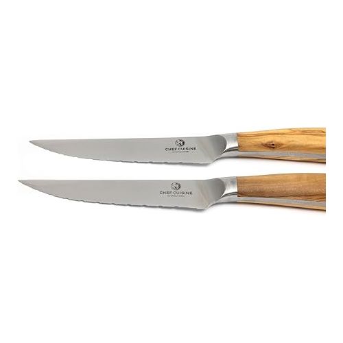  CHEF CUISINE Steak Knife Set with Olive Wood Handle - 2 Steak Knives, Hand Forged, 12 cm Blade, 54-56 HRC Blade Hardness, Rustproof, Ergonomic, Sharp Blade Ground and Polished by Hand