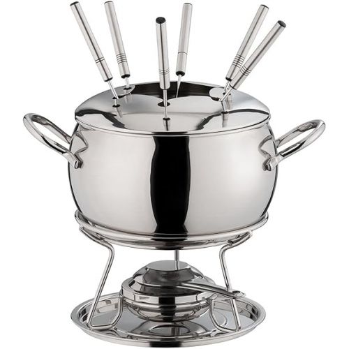  APS Fondue & Fire Tongs Punch Set with Sugar Tongs, Fire Tongs, Fondue Pot, Highly Polished Stainless Steel Lid, Chrome-plated Base, Ladle, for approx. 2.2 litres Liquid, Diameter 22 cm, Height 23 cm