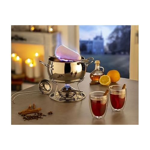  APS Fondue & Fire Tongs Punch Set with Sugar Tongs, Fire Tongs, Fondue Pot, Highly Polished Stainless Steel Lid, Chrome-plated Base, Ladle, for approx. 2.2 litres Liquid, Diameter 22 cm, Height 23 cm