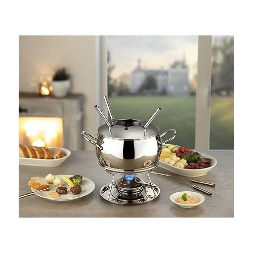  APS Fondue & Fire Tongs Punch Set with Sugar Tongs, Fire Tongs, Fondue Pot, Highly Polished Stainless Steel Lid, Chrome-plated Base, Ladle, for approx. 2.2 litres Liquid, Diameter 22 cm, Height 23 cm