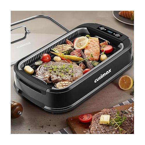  CUSIMAX Electric Grill 1500 W Electric Table Grill with Lid for Indoor and Outdoor Use, Electric Grill with Adjustable Temperature, Removable Oil Catcher Tray and Grill Plate, Black