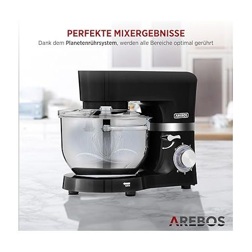  Arebos Food Processor 1500 W Black | Kneading Machine with 2 x Stainless Steel Mixing Bowls 4.5 & 5.5 L | Low Noise | Kitchen Mixer with Mixing Hook, Dough Hook, Beater and Splash Guard | 6 Speeds