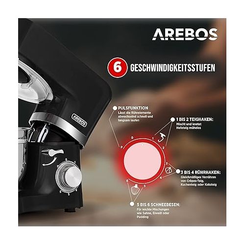  Arebos Food Processor 1500 W Black | Kneading Machine with 2 x Stainless Steel Mixing Bowls 4.5 & 5.5 L | Low Noise | Kitchen Mixer with Mixing Hook, Dough Hook, Beater and Splash Guard | 6 Speeds