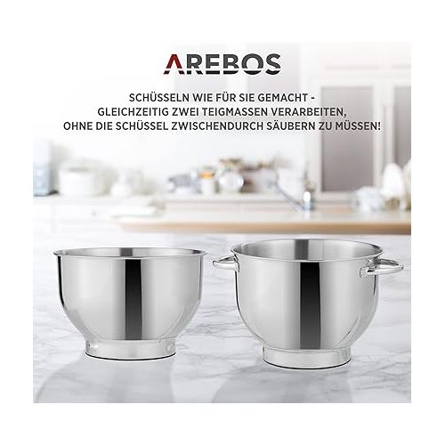  Arebos Food Processor 1500 W Black | Kneading Machine with 2 x Stainless Steel Mixing Bowls 4.5 & 5.5 L | Low Noise | Kitchen Mixer with Mixing Hook, Dough Hook, Beater and Splash Guard | 6 Speeds