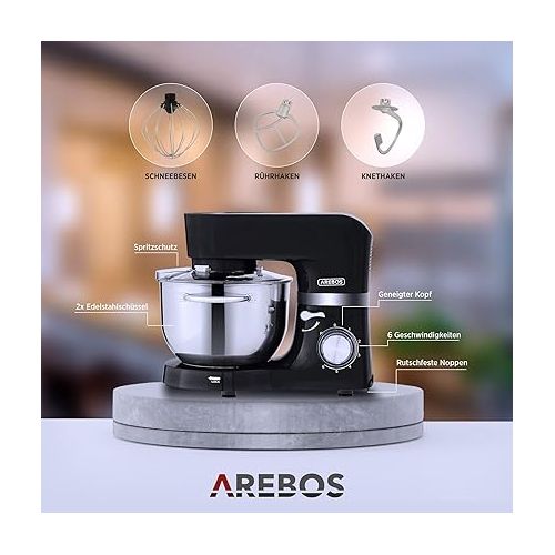  Arebos Food Processor 1500 W Black | Kneading Machine with 2 x Stainless Steel Mixing Bowls 4.5 & 5.5 L | Low Noise | Kitchen Mixer with Mixing Hook, Dough Hook, Beater and Splash Guard | 6 Speeds