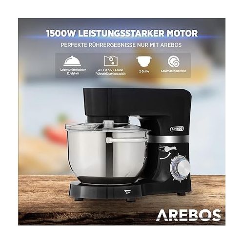  Arebos Food Processor 1500 W Black | Kneading Machine with 2 x Stainless Steel Mixing Bowls 4.5 & 5.5 L | Low Noise | Kitchen Mixer with Mixing Hook, Dough Hook, Beater and Splash Guard | 6 Speeds