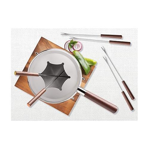  MASER 931895 Fondue Set for 6 People in Modern Rustic Design, Ideal for Meat Fondue, 10-Piece Fondue Set Including Fondue Forks and Fondue Burner, in Pretty Gift Box, Silver, Brown