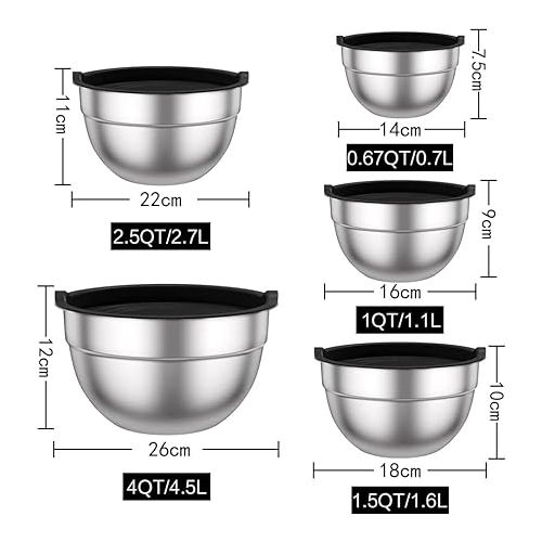  Wildone Salad Bowl Set of 5, Stainless Steel Bowl with Airtight Lid, Size 4.5 L, 2.7 L, 1.6 L, 1.1 L, 0.7 L, Mixing Bowl Set for the Kitchen, Non-Slip and Stackable