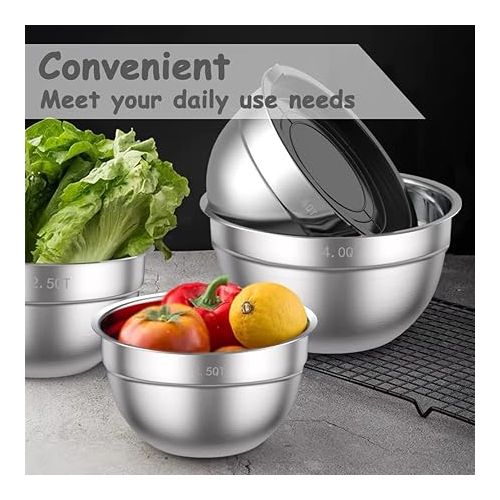  Wildone Salad Bowl Set of 5, Stainless Steel Bowl with Airtight Lid, Size 4.5 L, 2.7 L, 1.6 L, 1.1 L, 0.7 L, Mixing Bowl Set for the Kitchen, Non-Slip and Stackable