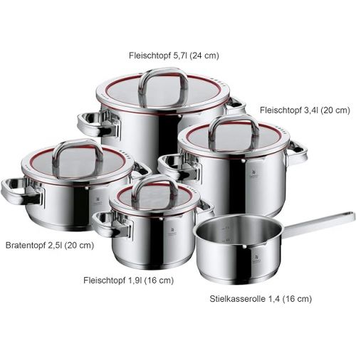  WMF Set of 4 Pots, Scale on Inside, Lid with 4 Pouring Functions, Glass Lid, Polished Cromargan Stainless Steel, Suitable for Induction Cookers, Dishwasher-Safe
