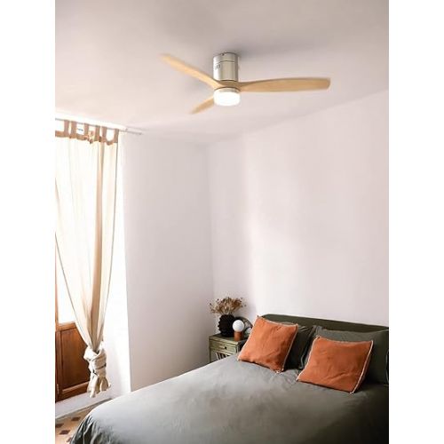  Create / Windcalm / Ceiling Fan with Lighting and Remote Control, Natural Wood Wings, 40 W, Quiet, Diameter 132 cm, 6 Speeds, Timer, DC Motor, Summer and Winter Operations