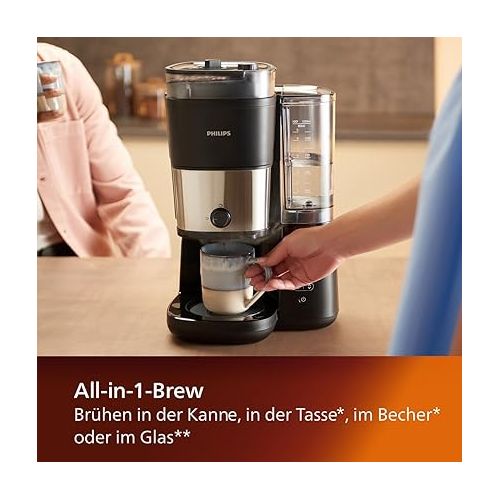  Philips All-in-1 Filter Coffee Machine - Integrated Cone Grinder for Fresh Beans - Preparation in a 1.25 L Glass Jug or Directly in a Cup, Selection of Intensity (HD7900/50)