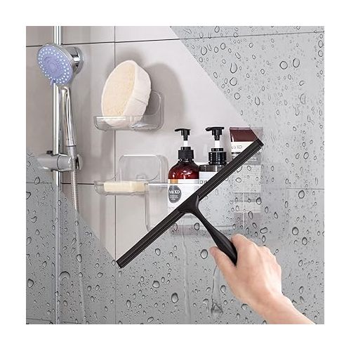  Shower Squeegee, Squeegee Shower, Stainless Steel Shower Screen Wiper with Strong Suction Cup Hook for Bathroom, Kitchen, Mirror, Car, Window and Glass Cleaning, 10 Inches, Black