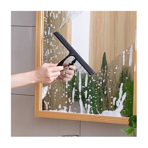  Shower Squeegee, Squeegee Shower, Stainless Steel Shower Screen Wiper with Strong Suction Cup Hook for Bathroom, Kitchen, Mirror, Car, Window and Glass Cleaning, 10 Inches, Black