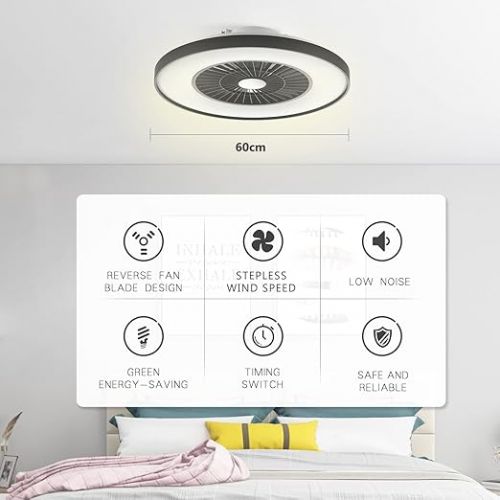  BKZO Modern Smart LED Ceiling Light with Fan, Diameter 60 cm, Ceiling Fan with Lamp, Smooth Ventilation Speeds, Effortless Light Dimming, 3000-5500 K, Black, 60 cm